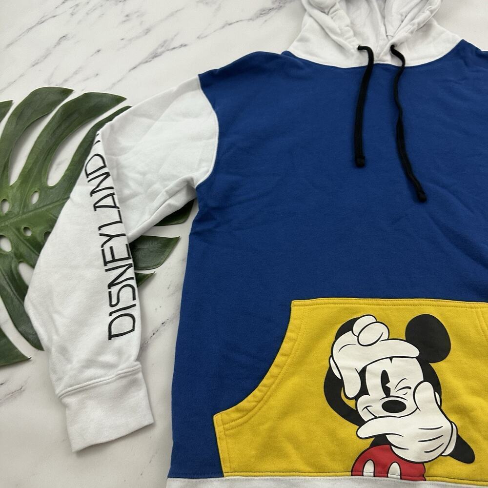 Disneyland Mens Color Block Hoodie Sweatshirt Size M Blue Red Mickey Pullover - Picture 4 of 12
